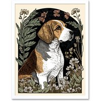 Artery8 Wall Art Print Beagle Dog with Daisies Modern Stylised Art Framed in White | Size: W12" x H16"