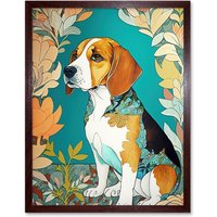 Artery8 Wall Art Print Beagle Dog With Floral Frame & Ornate Fur Coat Colourful Modern Art Nouveau Art Framed in Brown | Size: W12" x H16"