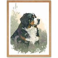 Artery8 Wall Art Print Bernese Mountain Dog in Wild Flower Field Watercolour Art Framed in Light Oak | Size: W12" x H16"