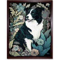 Artery8 Wall Art Print Border Collie Dog in Wildflower Field Modern Art Framed in Brown | Size: W12" x H16"