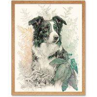 Artery8 Wall Art Print Border Collie Dog in Field Modern Colour Pencil Portrait Art Framed in Light Oak | Size: W12" x H16"