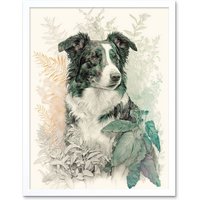 Artery8 Wall Art Print Border Collie Dog in Field Modern Colour Pencil Portrait Art Framed in White | Size: W12" x H16"