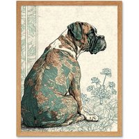 Artery8 Wall Art Print Boxer Dog with Floral Pattern Fur Coat Modern Watercolour & Ink Art Framed in Light Oak | Size: W12" x H16"