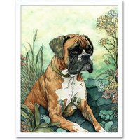 Artery8 Wall Art Print Boxer Dog in Flower Field Colourful Watercolour Art Framed in White | Size: W12" x H16"