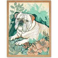 Artery8 Wall Art Print Bulldog Lying in a Flower Field Modern Pastel Colour Linocut Art Framed in Light Oak | Size: W12" x H16"