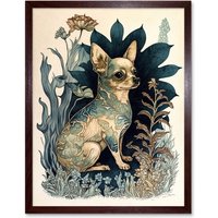 Artery8 Wall Art Print Chihuahua Dog With Floral Pattern Fur Coat Modern Portrait in Flower Field Art Framed in Brown | Size: W12" x H16"