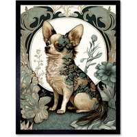 Artery8 Wall Art Print Chihuahua Dog With Floral Pattern Fur Coat Modern Art Nouveau Portrait Art Framed in Black | Size: W12" x H16"