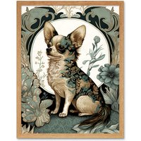Artery8 Wall Art Print Chihuahua Dog With Floral Pattern Fur Coat Modern Art Nouveau Portrait Art Framed in Light Oak | Size: W12" x H16"