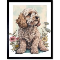 Artery8 Wall Art Print Cockapoo Dog with Spring Wildflowers Soft Watercolour Art Framed in Black | Size: W12" x H16"