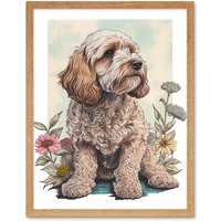 Artery8 Wall Art Print Cockapoo Dog with Spring Wildflowers Soft Watercolour Art Framed in Light Oak | Size: W12" x H16"