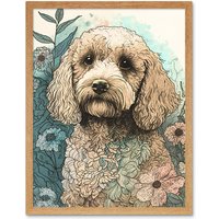 Artery8 Wall Art Print Cockapoo Dog in Wildflower Field Pastel Watercolour Art Framed in Light Oak | Size: W12" x H16"