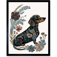 Artery8 Wall Art Print Dachshund Shorthaired Dog with Floral Patterns Colourful Modern Art Framed in Black | Size: W12" x H16"