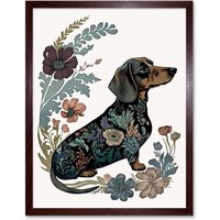 Artery8 Wall Art Print Dachshund Shorthaired Dog with Floral Patterns Colourful Modern Art Framed in Brown | Size: W12" x H16"