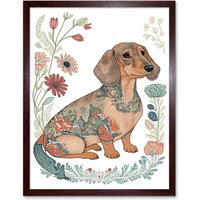 Artery8 Wall Art Print Dachshund Shorthaired Dog with Ornate Floral Patterns Colourful Colour Pencil Art Framed in Brown | Size: W12" x H16"