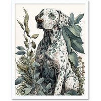 Artery8 Wall Art Print Dalmatian Dog in Field Plants Modern Watercolour Art Framed in White | Size: W12" x H16"