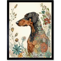 Artery8 Wall Art Print Doberman Dog with Spring Flowers Colourful Watercolour Art Framed in Black | Size: W12" x H16"
