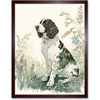 Artery8 Wall Art Print English Springer Spaniel Dog in Field Modern Pastel Watercolour Art Framed in Brown | Size: W12" x H16"