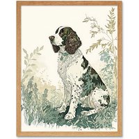 Artery8 Wall Art Print English Springer Spaniel Dog in Field Modern Pastel Watercolour Art Framed in Light Oak | Size: W12" x H16"