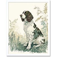 Artery8 Wall Art Print English Springer Spaniel Dog in Field Modern Pastel Watercolour Art Framed in White | Size: W12" x H16"