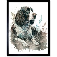 Artery8 Wall Art Print English Springer Spaniel Dog Lying in Field Modern Watercolour Art Framed in Black | Size: W12" x H16"