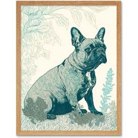 Artery8 Wall Art Print French Bulldog Sitting in the Park Modern Monochrome Linocut Art Framed in Light Oak | Size: W12" x H16"