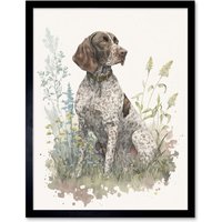 Artery8 Wall Art Print German Pointer Dog Sitting in Field Modern Detailed Pastel Watercolour Art Framed in Black | Size: W12" x H16"