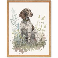 Artery8 Wall Art Print German Pointer Dog Sitting in Field Modern Detailed Pastel Watercolour Art Framed in Light Oak | Size: W12" x H16"