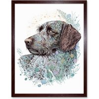 Artery8 Wall Art Print German Wirehead Pointer Dog Nature Spirit Animal Modern Multicoloured Art Framed in Brown | Size: W12" x H16"