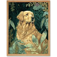 Artery8 Wall Art Print Golden Retriever Dog in Nature Modern Watercolour Art Framed in Light Oak | Size: W12" x H16"