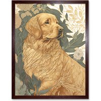 Artery8 Wall Art Print Golden Retriever Dog in Nature Soft Pastel Colour Art Framed in Brown | Size: W12" x H16"