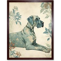Artery8 Wall Art Print Blue Great Dane Dog with Flower Pattern Fur Coat Modern Art Framed in Brown | Size: W12" x H16"