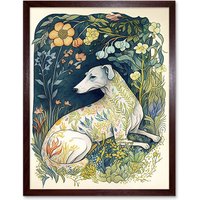 Artery8 Wall Art Print White Greyhound Dog with Floral Pattern Fur Coat lying in Flower Field Modern Art Framed in Brown | Size: W12" x H16"
