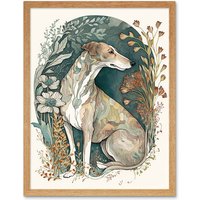 Artery8 Wall Art Print Greyhound Dog in Flower Field Modern Pastel Boho Watercolour Art Framed in Light Oak | Size: W12" x H16"