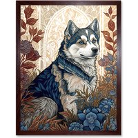 Artery8 Wall Art Print Siberian Husky Dog in Autumn Flower Field Modern Art Nouveau Art Framed in Brown | Size: W12" x H16"