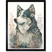 Artery8 Wall Art Print Siberian Husky Dog Nature Spirit Animal Modern Multicoloured Art Framed in Black | Size: W12" x H16"