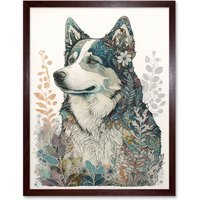 Artery8 Wall Art Print Siberian Husky Dog Nature Spirit Animal Modern Multicoloured Art Framed in Brown | Size: W12" x H16"