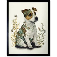 Artery8 Wall Art Print Cute Jack Russel Dog Puppy & Flower Patterns Colour Pencil Art Framed in Black | Size: W12" x H16"