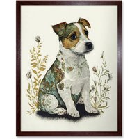 Artery8 Wall Art Print Cute Jack Russel Dog Puppy & Flower Patterns Colour Pencil Art Framed in Brown | Size: W12" x H16"