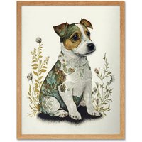 Artery8 Wall Art Print Cute Jack Russel Dog Puppy & Flower Patterns Colour Pencil Art Framed in Light Oak | Size: W12" x H16"