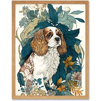Artery8 Wall Art Print King Charles Spaniel Dog in Leafy Plants Modern Art Framed in Light Oak | Size: W12" x H16"