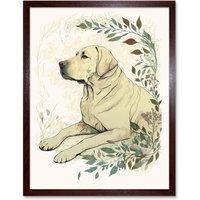 Artery8 Wall Art Print Labrador Retriever Dog Lying in Field Modern Linocut Art Framed in Brown | Size: W12" x H16"