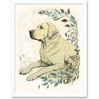 Artery8 Wall Art Print Labrador Retriever Dog Lying in Field Modern Linocut Art Framed in White | Size: W12" x H16"