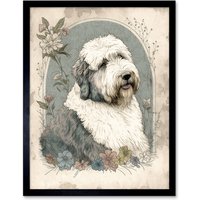 Artery8 Wall Art Print English Sheepdog with Flower Blooms Boho Portrait Watercolour Art Framed in Black | Size: W12" x H16"