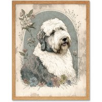 Artery8 Wall Art Print English Sheepdog with Flower Blooms Boho Portrait Watercolour Art Framed in Light Oak | Size: W12" x H16"
