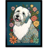 Artery8 Wall Art Print English Sheepdog with Multicolour Daisies Bright Flowers Modern Art Framed in Black | Size: W12" x H16"