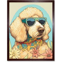Artery8 Wall Art Print Poodle Dog with Sunglasses & Bandana in Daisies Modern Multicoloured Art Framed in Brown | Size: W12" x H16"