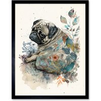 Artery8 Wall Art Print Pug Dog with Floral Pattern Modern Multicoloured Watercolour Art Framed in Black | Size: W12" x H16"