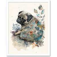 Artery8 Wall Art Print Pug Dog with Floral Pattern Modern Multicoloured Watercolour Art Framed in White | Size: W12" x H16"