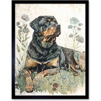 Artery8 Wall Art Print Rottweiler Dog Lying in Wildflowers Bright Watercolour Art Framed in Black | Size: W12" x H16"