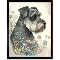 Artery8 Wall Art Print Grey Schnauzer Dog & Spring Flowers Boho Portrait Watercolour Art Framed in Black | Size: W12" x H16"